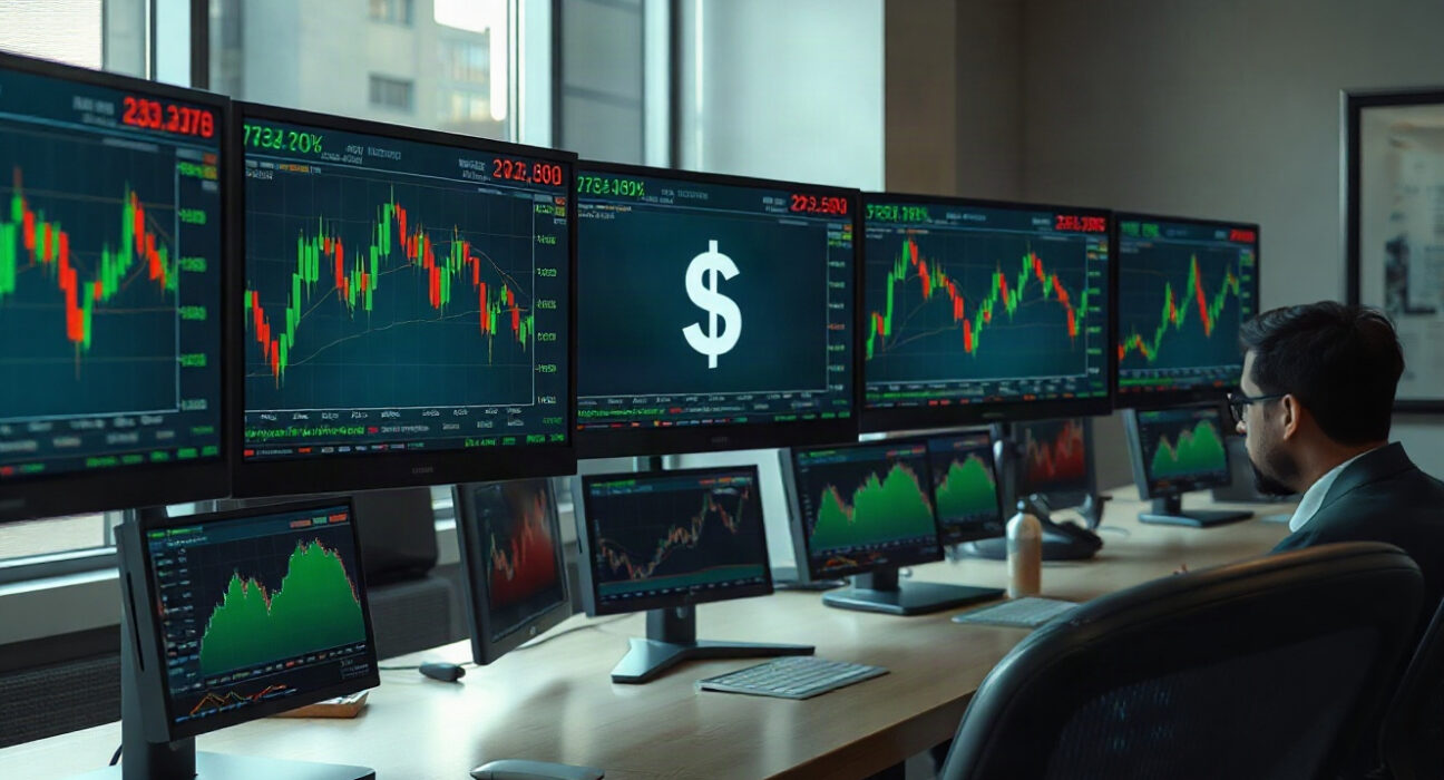 Forex trading desk with monitors showing currency charts and US dollar trend