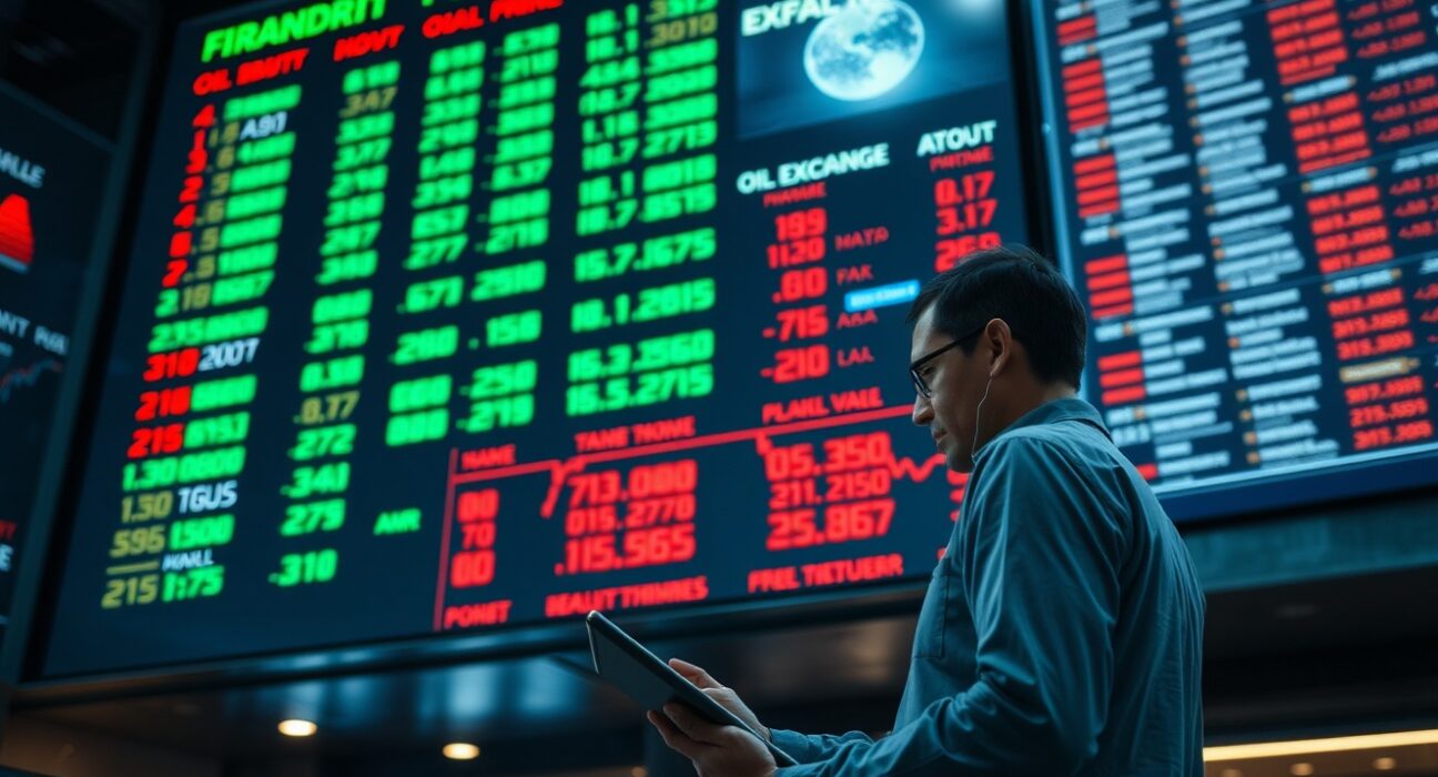 Financial analyst monitoring forex and oil price changes on a trading floor board