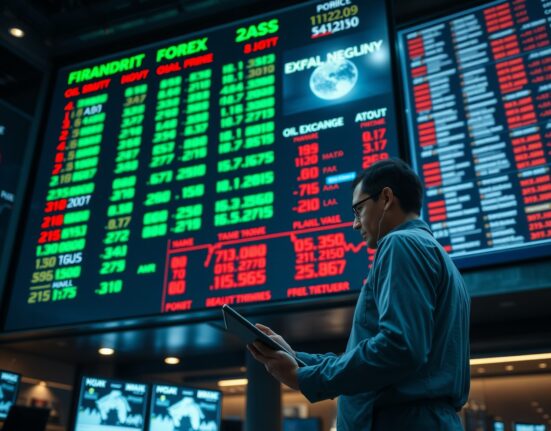 Financial analyst monitoring forex and oil price changes on a trading floor board