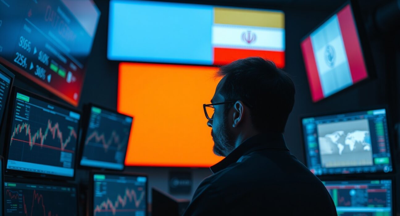 Trader monitoring forex charts with US and Iranian flags in background