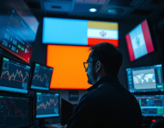 Trader monitoring forex charts with US and Iranian flags in background