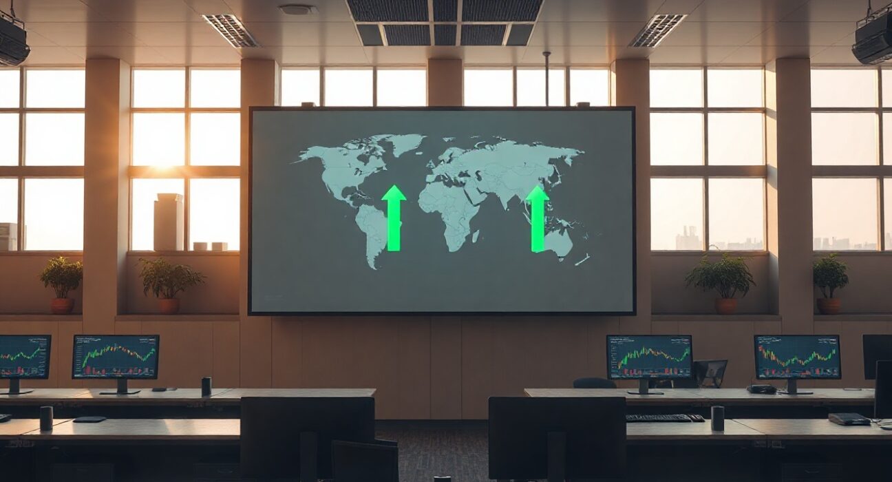Forex trading floor with digital screen showing improving Middle East sentiment indicators