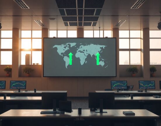 Forex trading floor with digital screen showing improving Middle East sentiment indicators
