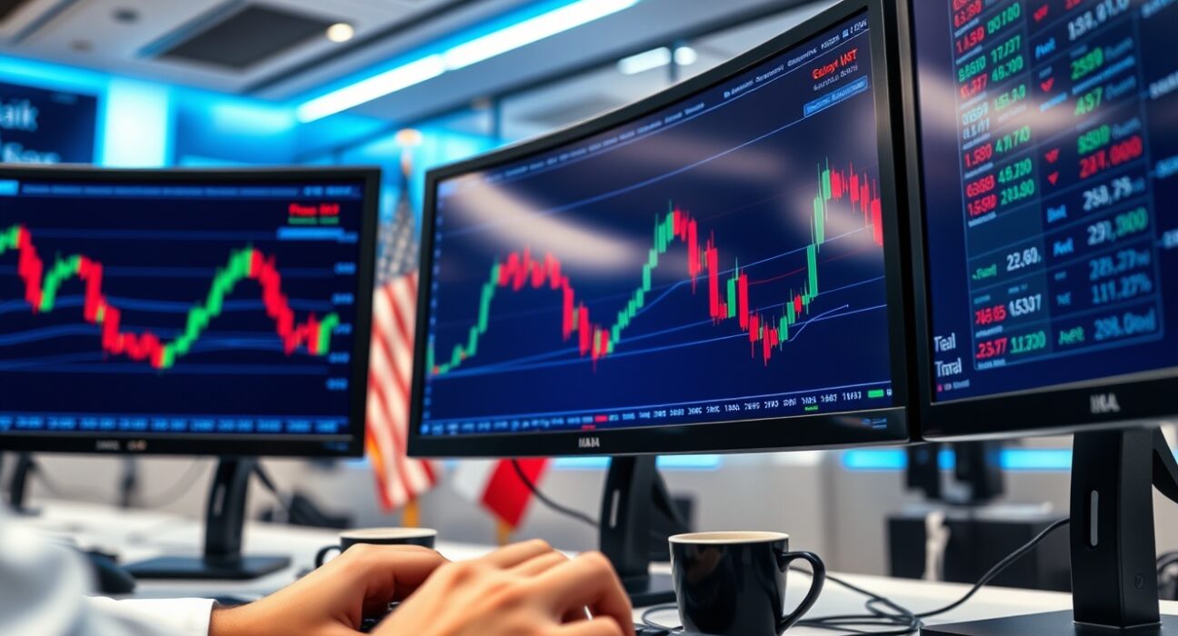 Forex trading desk with charts and currency boards, with US and Iranian flags in background