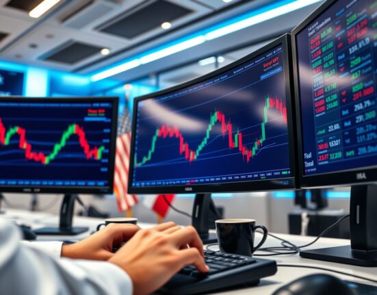 Forex trading desk with charts and currency boards, with US and Iranian flags in background
