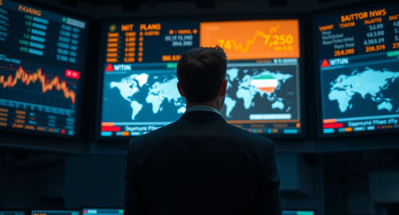 Trading floor screens showing currency charts and geopolitical news updates