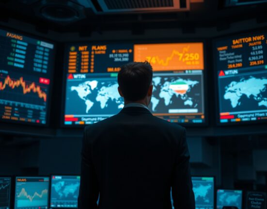 Trading floor screens showing currency charts and geopolitical news updates