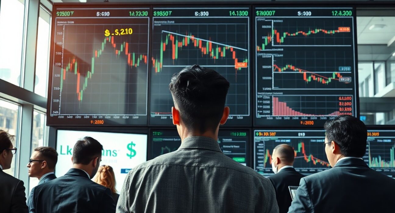 Traders on a forex floor analyzing US economic data charts and dollar currency symbols on screens.