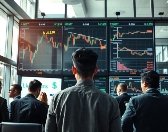 Traders on a forex floor analyzing US economic data charts and dollar currency symbols on screens.