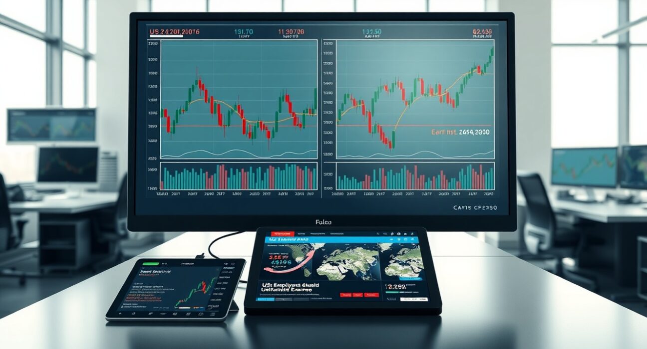 Forex trading desk monitoring volatile currency markets during US jobs data and Middle East crisis.