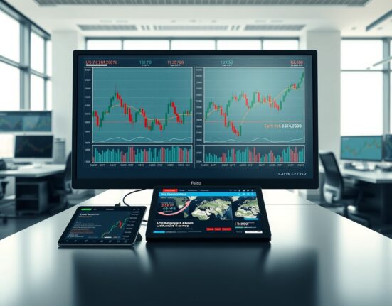 Forex trading desk monitoring volatile currency markets during US jobs data and Middle East crisis.