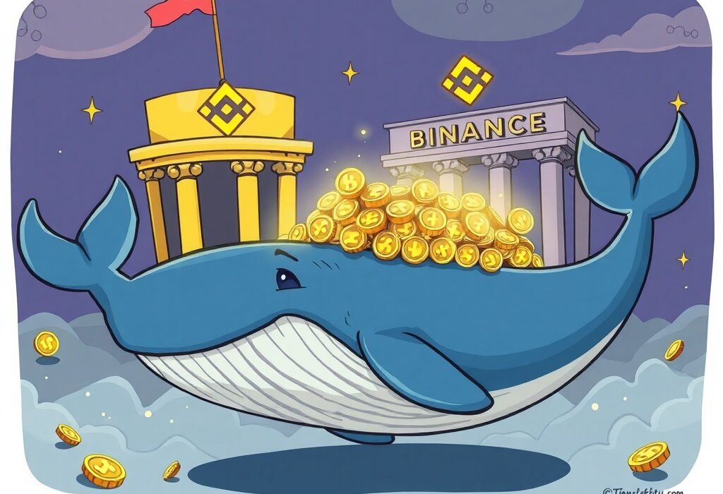 A cartoon whale depositing a large amount of FORM token into a Binance-like exchange, symbolizing a significant market event.