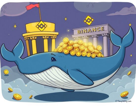 A cartoon whale depositing a large amount of FORM token into a Binance-like exchange, symbolizing a significant market event.