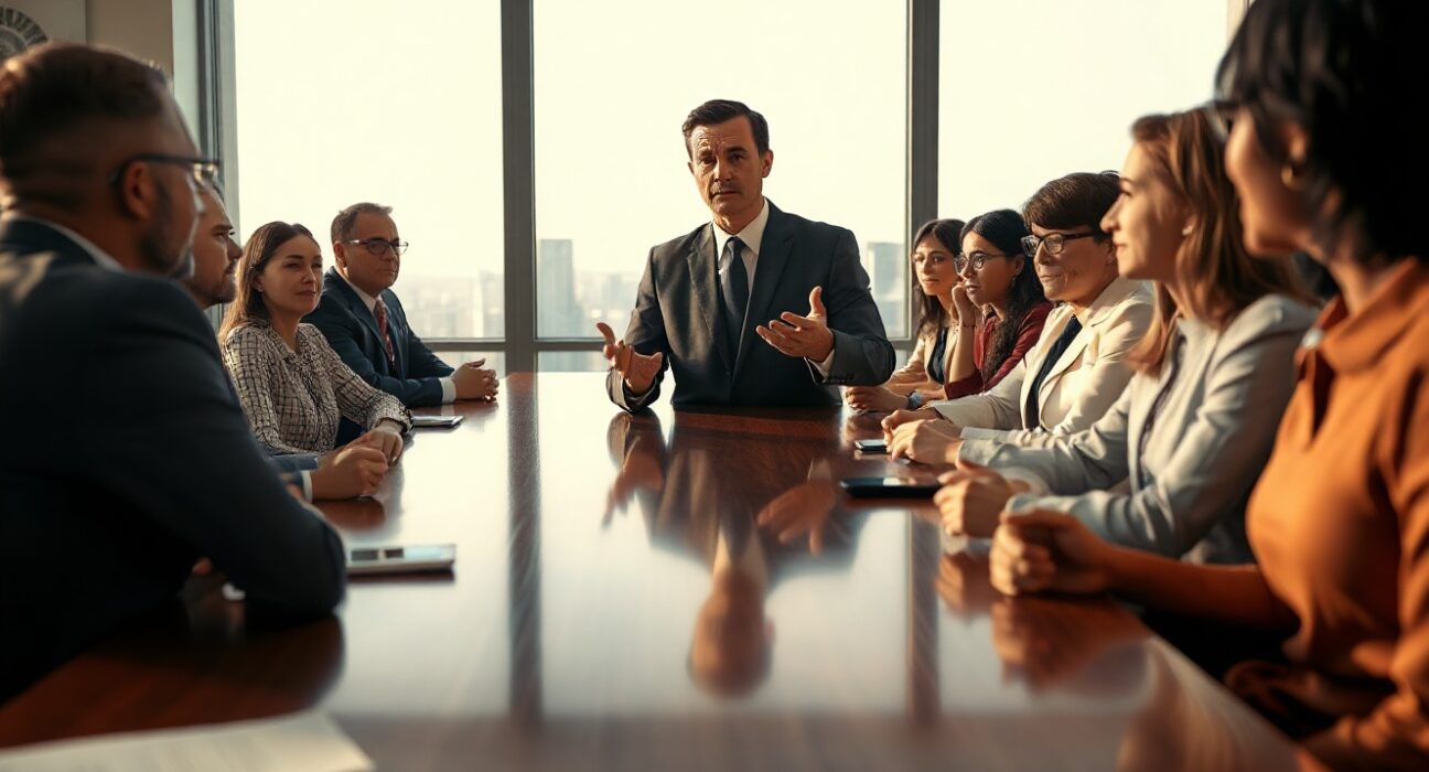 Professional boardroom meeting with business executives, representing corporate governance and regulatory expertise.