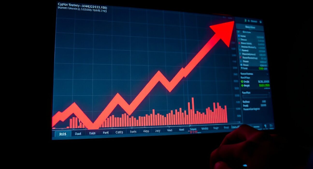 Cryptocurrency trading chart on a monitor with a hand clicking a mouse, representing a market sell-off.