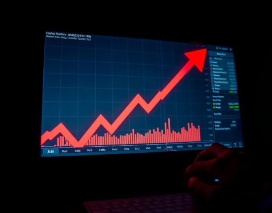 Cryptocurrency trading chart on a monitor with a hand clicking a mouse, representing a market sell-off.