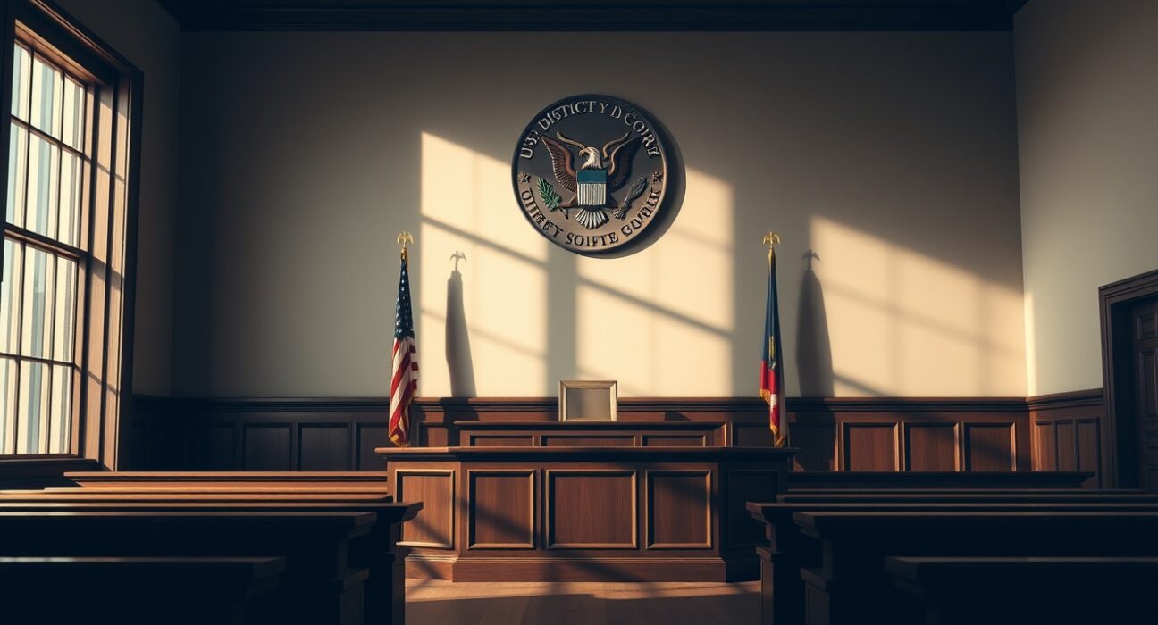 Empty courtroom with judge's bench and court seal, representing legal proceedings in crypto fraud case.