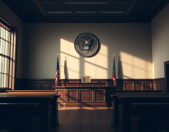 Empty courtroom with judge's bench and court seal, representing legal proceedings in crypto fraud case.