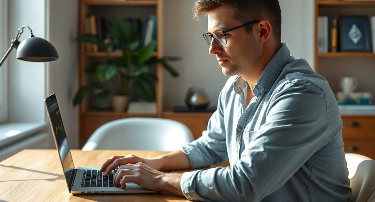 Former Ethereum core developer Eric Connor looking at a laptop with a declining chart in a home office