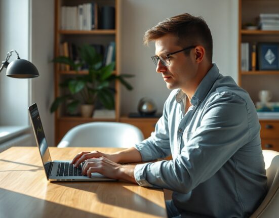 Former Ethereum core developer Eric Connor looking at a laptop with a declining chart in a home office