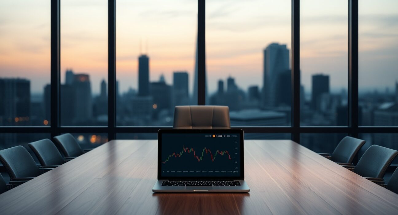 Empty boardroom with laptop showing ETH price chart, symbolizing Ethereum governance debate.