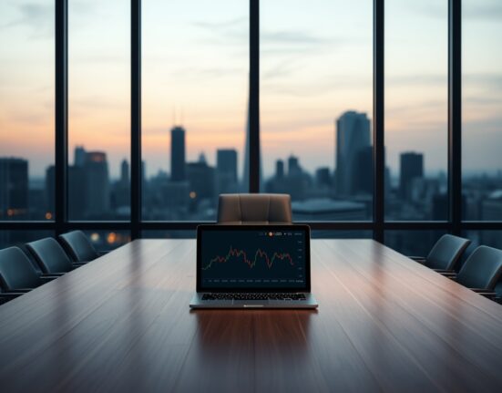 Empty boardroom with laptop showing ETH price chart, symbolizing Ethereum governance debate.