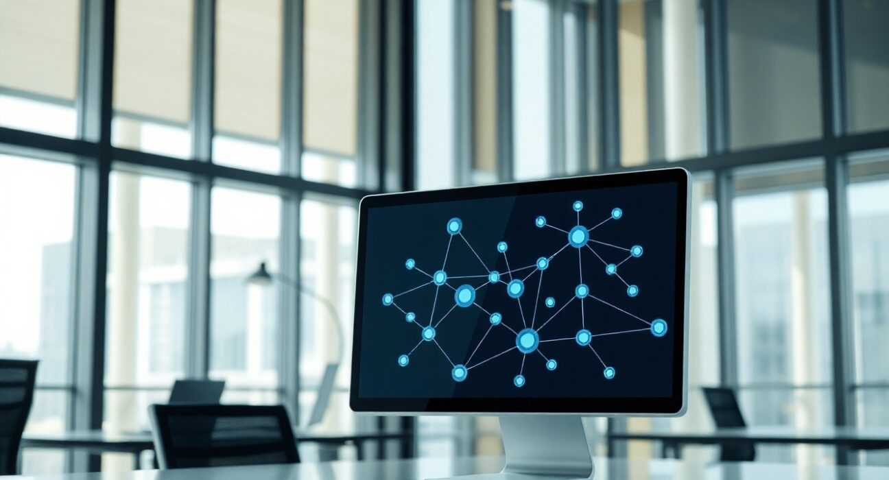 Professional office setting with a computer monitor displaying a Chainlink network diagram, representing institutional crypto adoption.