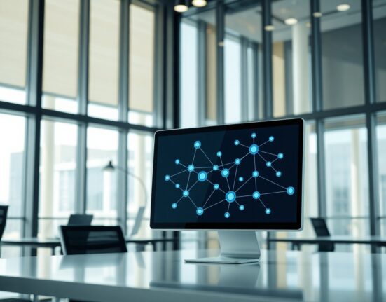 Professional office setting with a computer monitor displaying a Chainlink network diagram, representing institutional crypto adoption.