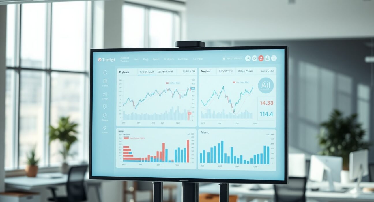 Modern trading dashboard with AI-powered analytics on a large screen in a professional office setting