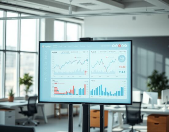 Modern trading dashboard with AI-powered analytics on a large screen in a professional office setting