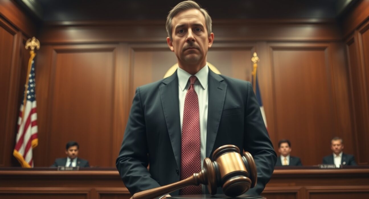 Courtroom scene with former Goliath Ventures CEO Christopher Delgado standing before a judge in a fraud case