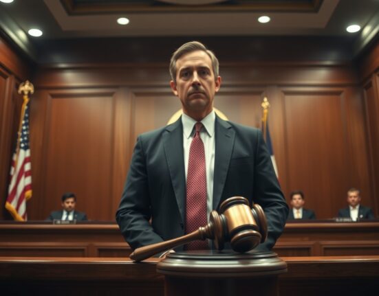 Courtroom scene with former Goliath Ventures CEO Christopher Delgado standing before a judge in a fraud case