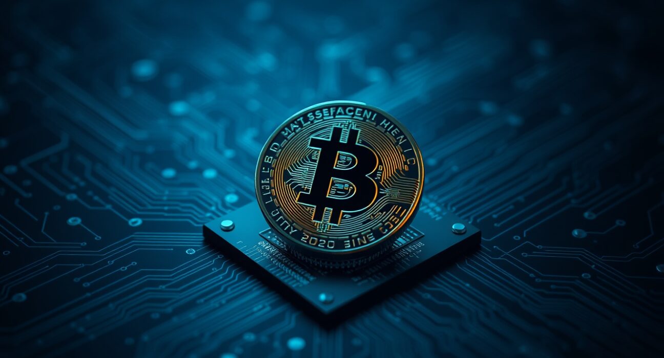 Bitcoin coin on a futuristic circuit board representing quantum computing and security threats