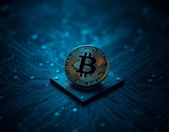 Bitcoin coin on a futuristic circuit board representing quantum computing and security threats