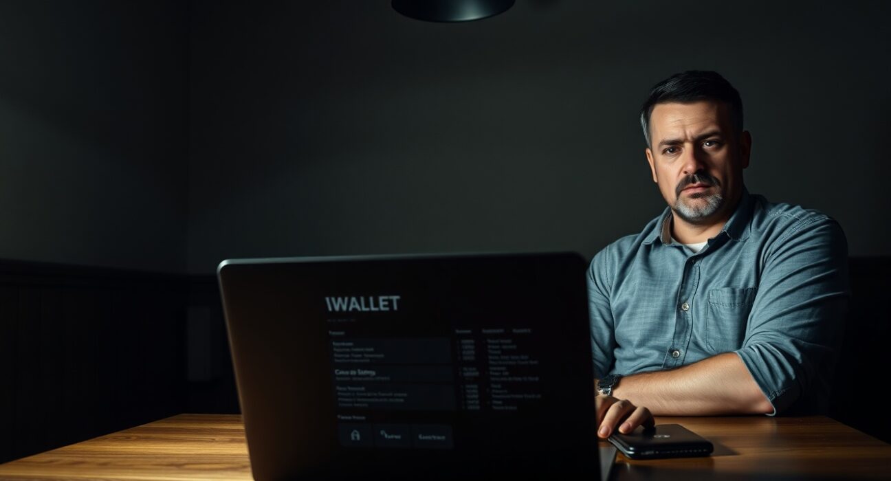 Tense scene of a cryptocurrency extortion meeting with laptop and anxious individuals in a dimly lit room.