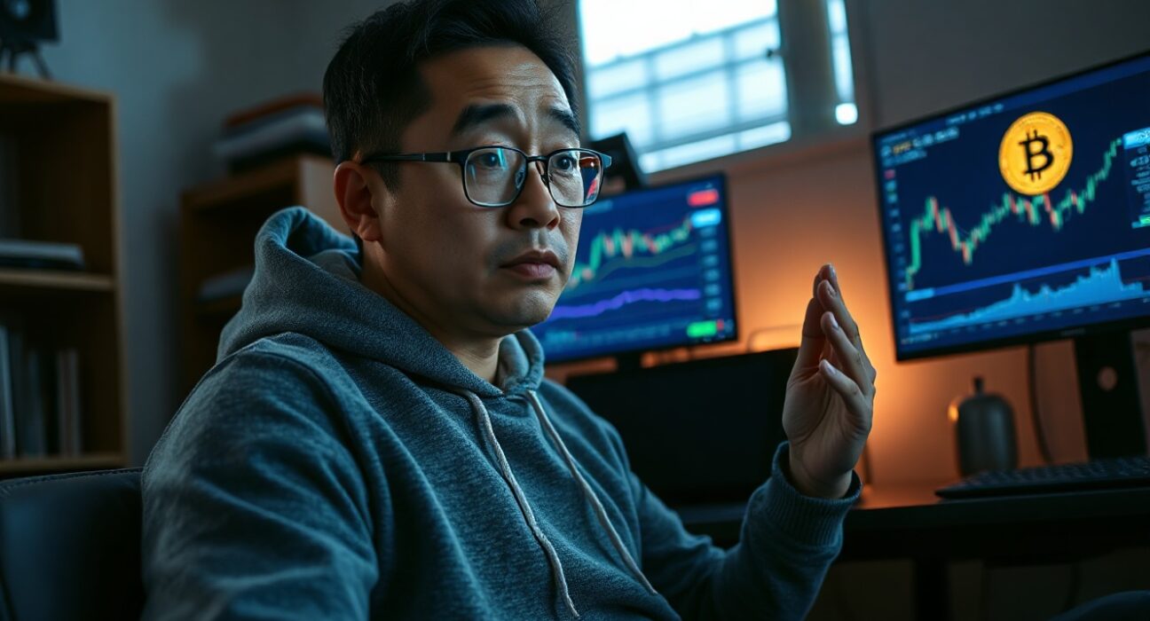 Patrick Shyu, former YouTube engineer, in home office with crypto charts, warning about market liquidity