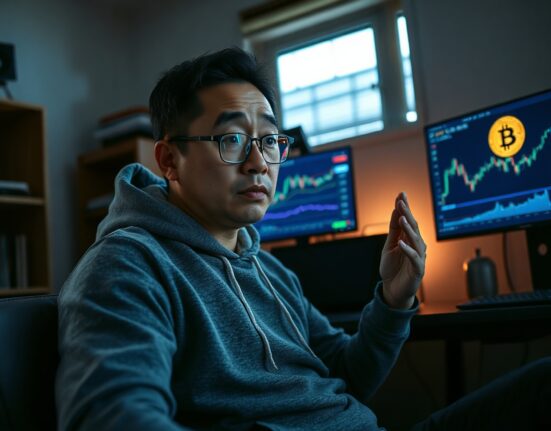 Patrick Shyu, former YouTube engineer, in home office with crypto charts, warning about market liquidity
