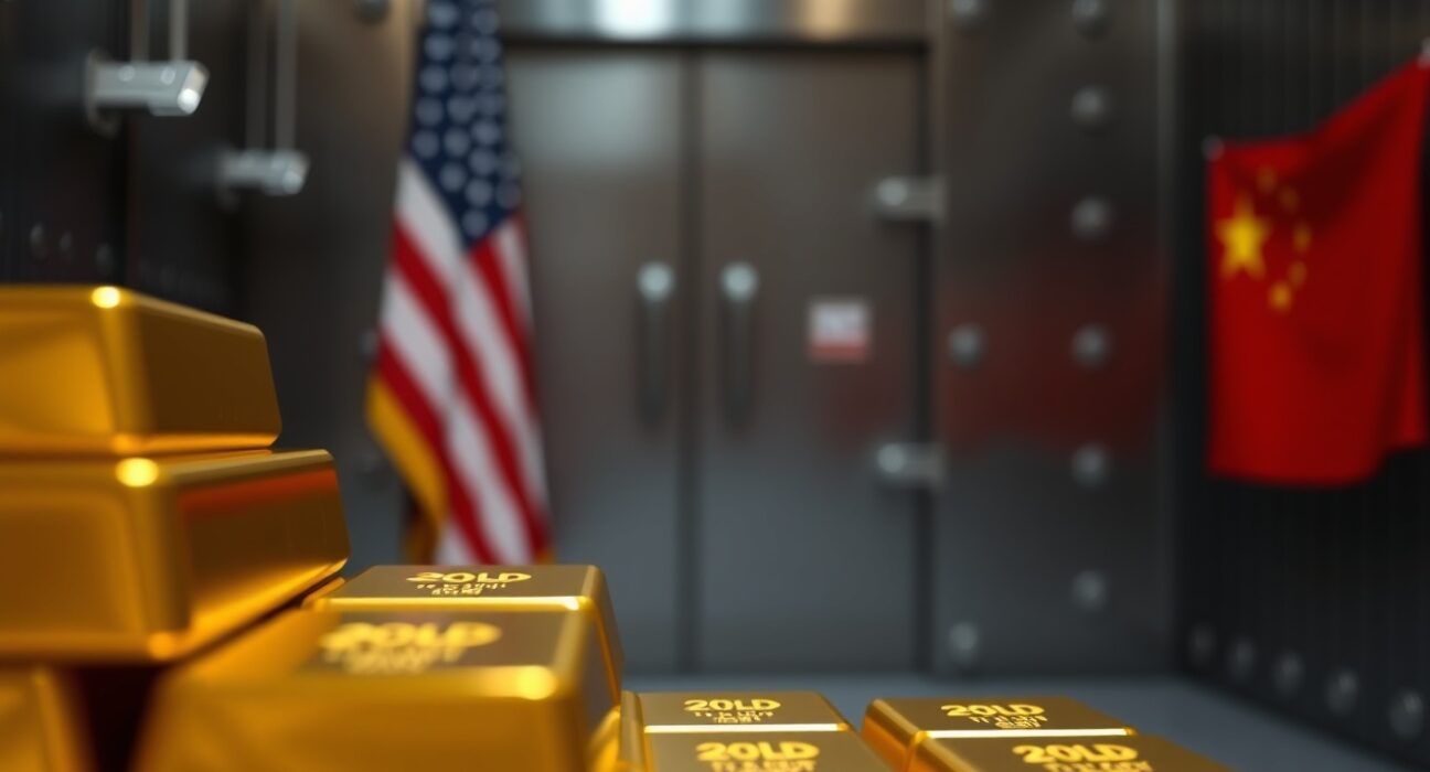 Gold bullion bars stacked in a secure vault, representing global gold reserves and the central bank gold race.