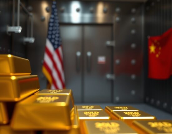 Gold bullion bars stacked in a secure vault, representing global gold reserves and the central bank gold race.