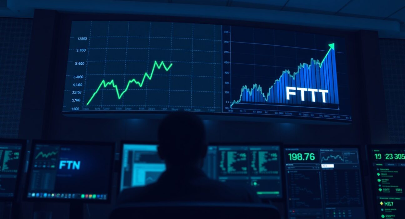 Cybersecurity stock chart showing upward trend for Fortinet (FTNT) in a modern operations center