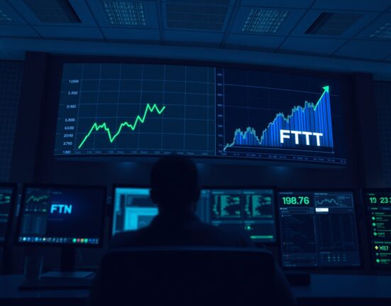 Cybersecurity stock chart showing upward trend for Fortinet (FTNT) in a modern operations center