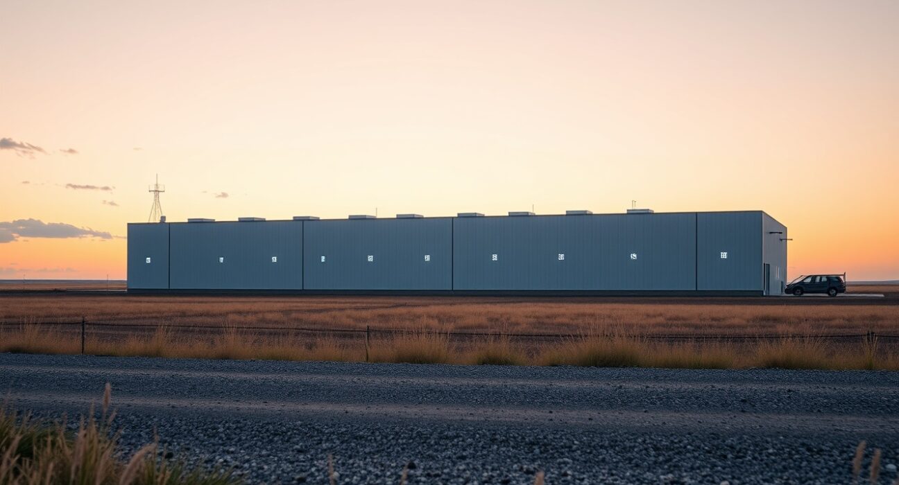 Exterior of a new Bitcoin mining facility at dawn in rural Nebraska, operated by Fortitude.