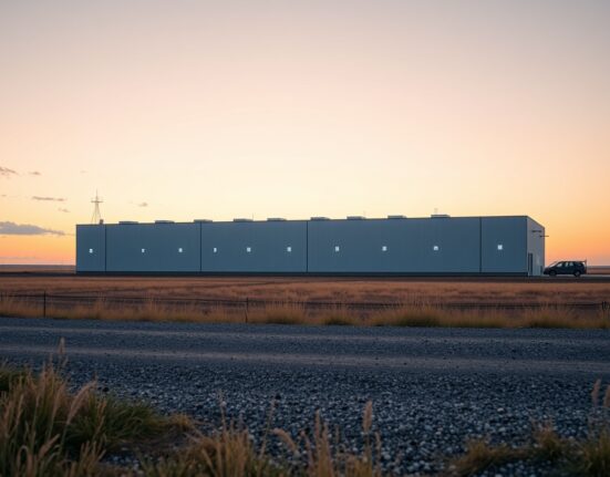 Exterior of a new Bitcoin mining facility at dawn in rural Nebraska, operated by Fortitude.