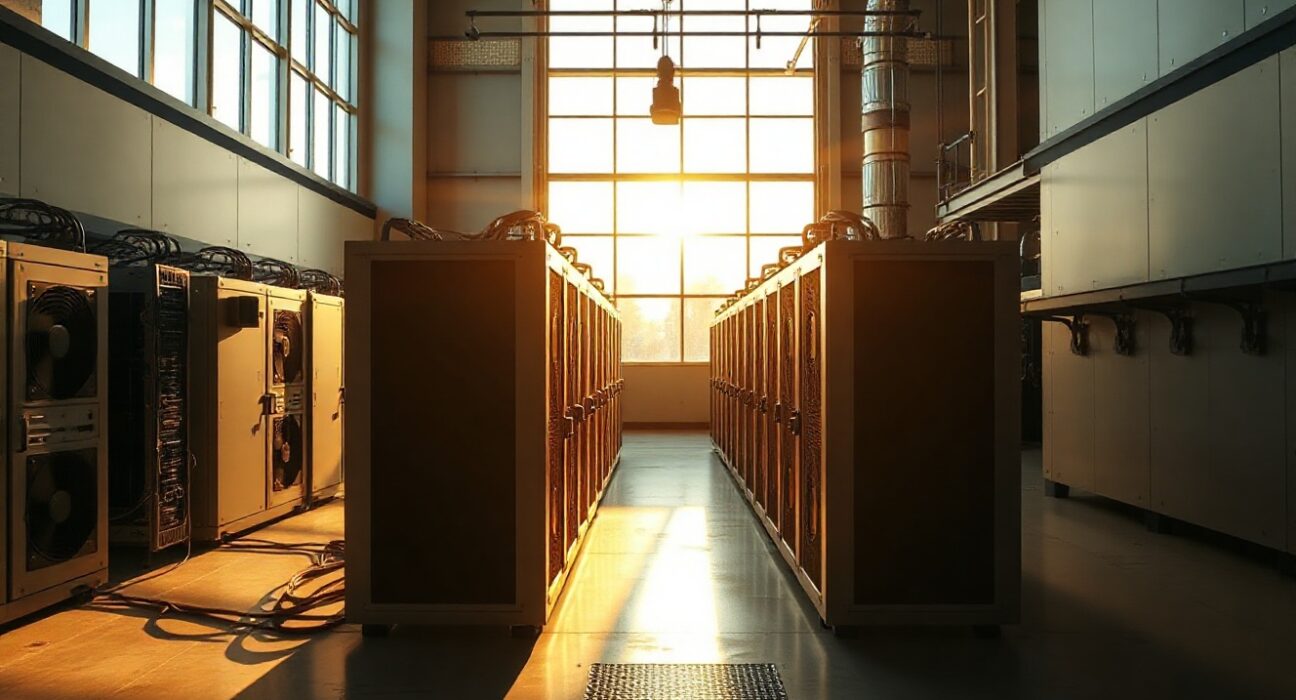 Interior of a cryptocurrency mining facility with rows of mining rigs in Prosser, Nebraska