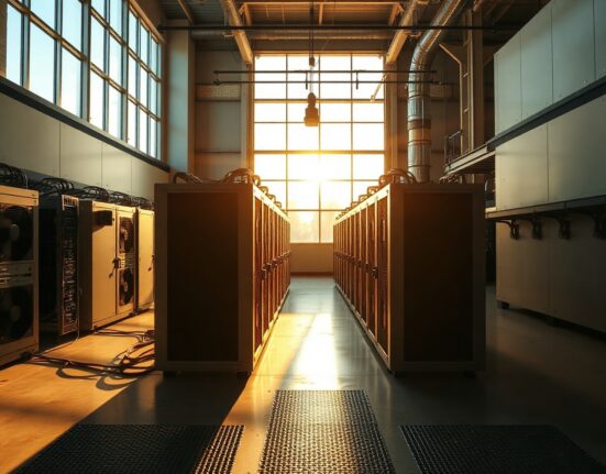 Interior of a cryptocurrency mining facility with rows of mining rigs in Prosser, Nebraska