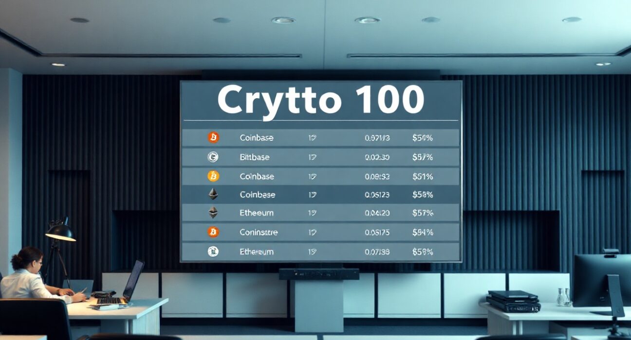 Fortune Crypto 100 list displayed on a digital screen in a modern newsroom setting
