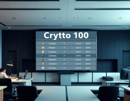 Fortune Crypto 100 list displayed on a digital screen in a modern newsroom setting