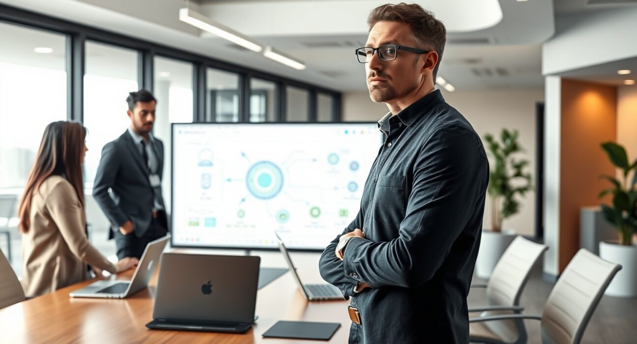 Forward-deployed engineer collaborating with enterprise clients in a modern office with AI workflow diagrams