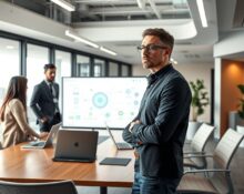 Forward-deployed engineer collaborating with enterprise clients in a modern office with AI workflow diagrams