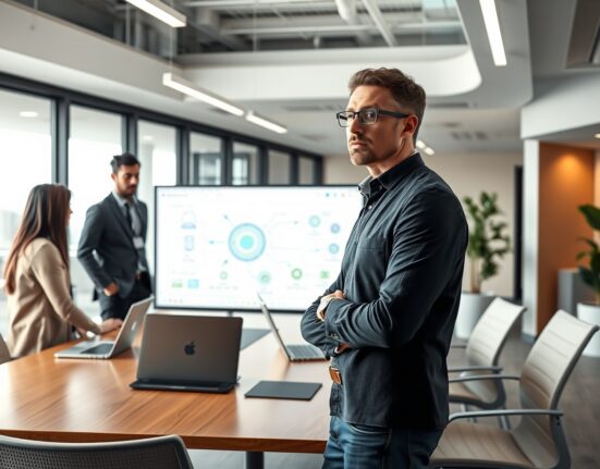 Forward-deployed engineer collaborating with enterprise clients in a modern office with AI workflow diagrams
